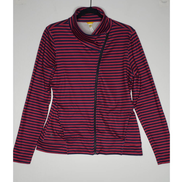 Lole Essential Jacket Stripe Navy Pink Full Zip Moto Jacket Activewear Gym Large - Picture 1 of 8